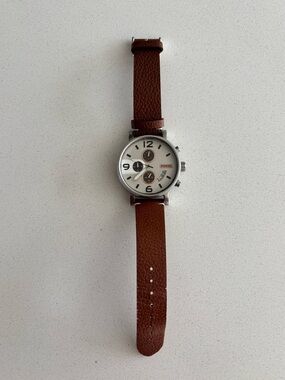 Fossil Silver Case Watch with Brown Leather Strap